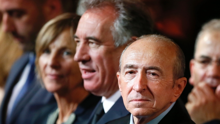 Marielle de Sarnez, François Bayrou et Gérard Collomb à Paris lors de l'investiture d'Emmanuel Macron, le 14 mai 2017 
