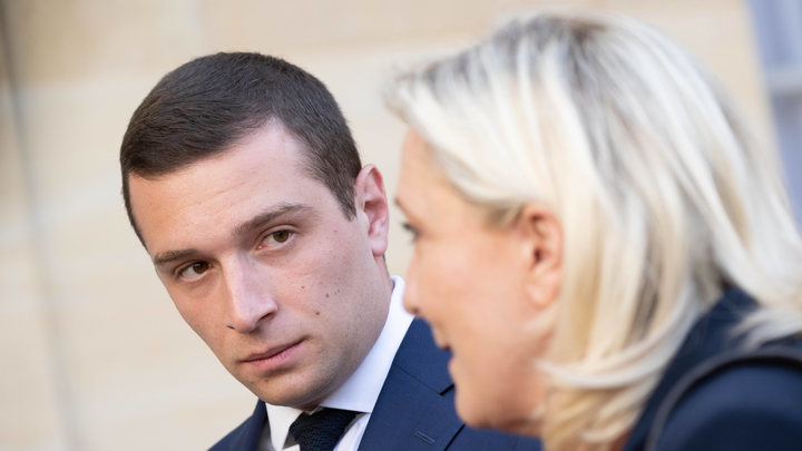 Paris:  Marine Le Pen talking to the press at Matignon Palace after a meeting with Borne
