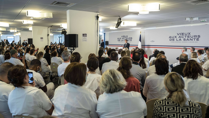 Corbeil-Essonnes President Emmanuel Macron with French Health Minister Francois Braun at the Centre Hospitalier Sud Francilien Hospital