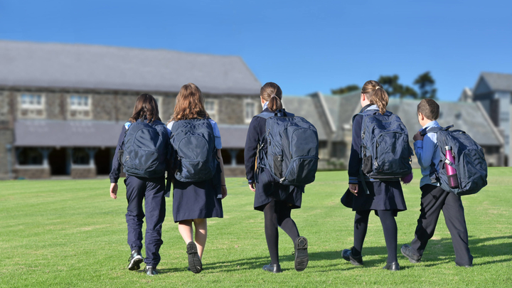 School students group walking togather to school