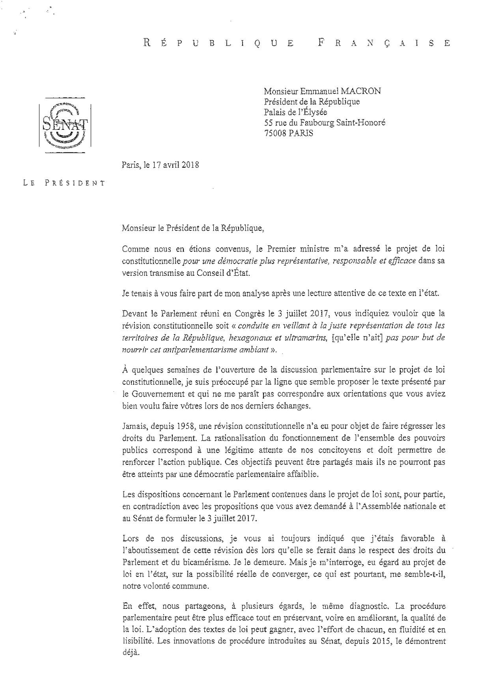 Lettre de Gérard Larcher à Emmanuel Macron - page 1