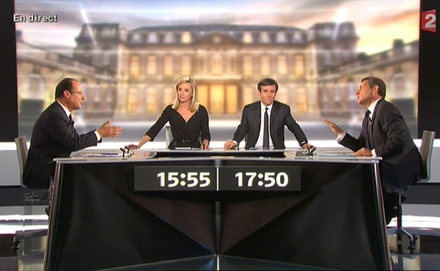 François Hollande face à Nicolas Sarkozy lors du débat de l'entre-deux tours le 2 mai 2012 sur France 2