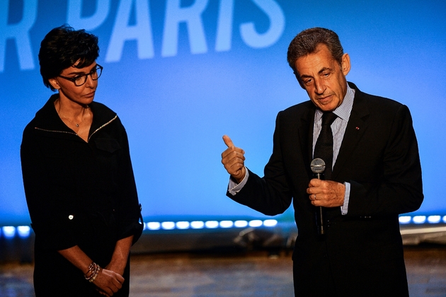 L'ancien président Nicolas Sarkozy venu soutenir Rachida Dati candidate LR à la mairie de Paris, lors d'un meeting, le 9 mars 2020 à Paris