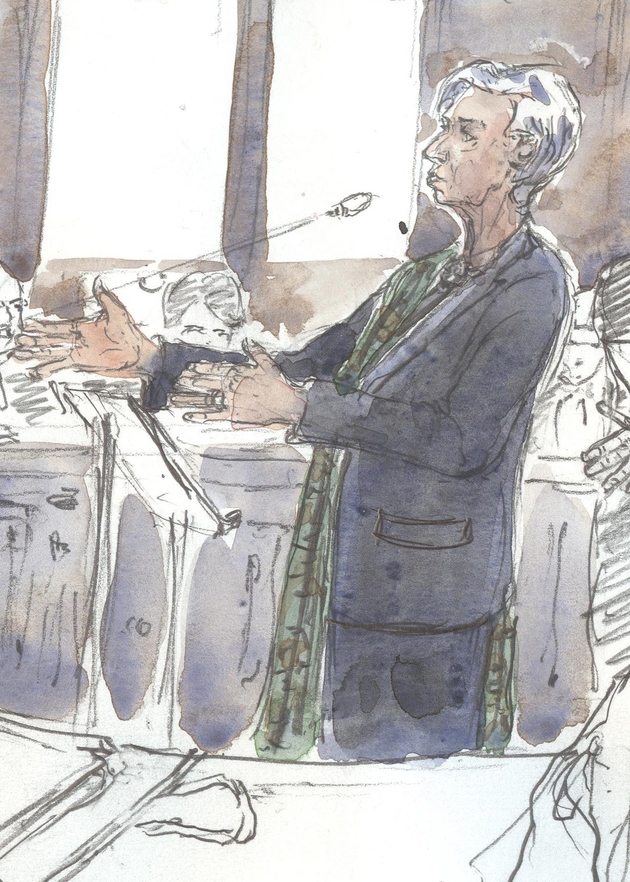 Croquis d'audience représentant Christine Lagarde, le 15 décembre 2016 devant la Cour de justice de la République à Paris
