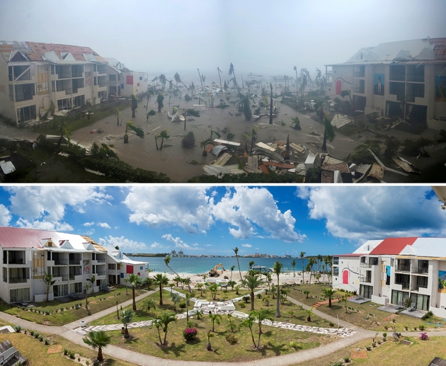 Hôtel Mercure à Marigot sur l'île de Saint-Martin, après le passage d'Irma le 6 septembre 2017 (en haut) et le 28 février 2018 (en bas) pendant la recontruction