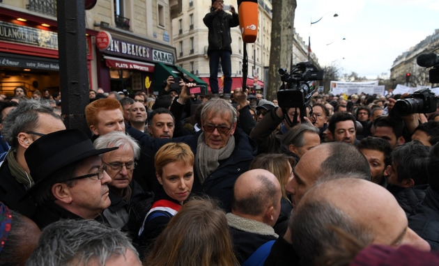 Jean-Luc Mélenchon, Clémentine Autain et Adrien Quatennens, lors de la marche blanche à Paris le 28 mars 2018