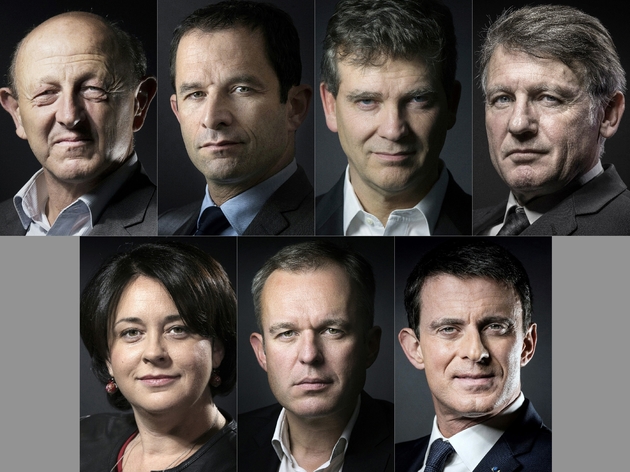 (g-d) Montage photos des candidats à la primaire de la gauche: Jean-Luc Bennahmias, Benoît Hamon, Arnaud Montebourg, Vincent Peillon, Sylvia Pinel, François de Rugy et Manuel Valls