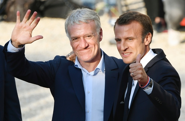 Emmanuel Macron et Didier Deschamps lors de la réception des Bleus champions du monde à l'Elysée, le 16 juillet 2018