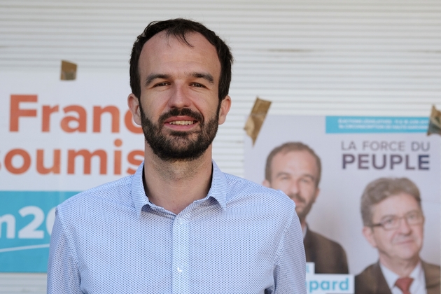 Manuel Bompard, directeur de campagne de Jean-Luc Mélenchon, en campagne à Toulouse pour la 9e circonscription de la Haute-Garonne, le 26 mai 2017
