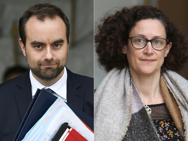 Montage photos du 14 janvier 2019 de la ministre de la Transition écologique Emmanuelle Wargon (d) et du ministre des Collectivités territoriales Sébastien Lecornu