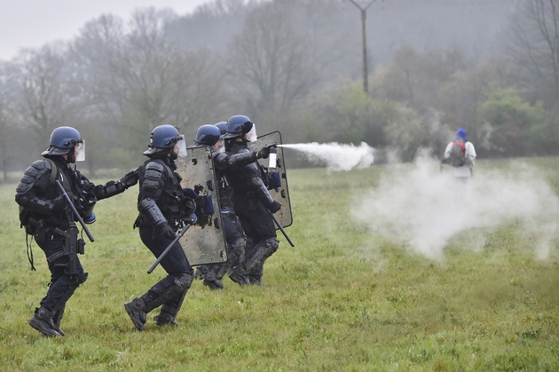 Les gendarmes chargent des manifestants avec des gaz lacrymogènes à Notre-Dame-des-Landes, le 10 avril 2018  
