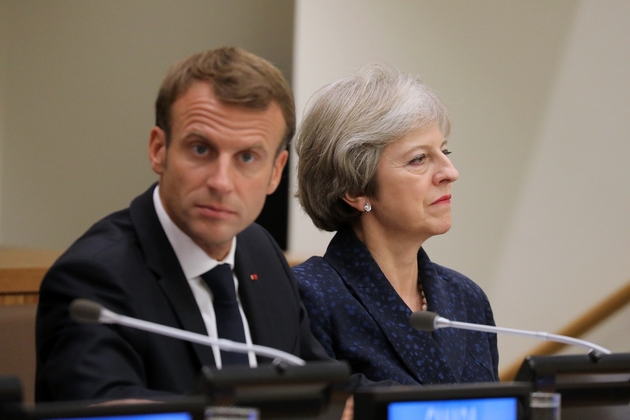 Le président français Emmanuel Macron et la Première ministre britannique Theresa May lors d'une conférence à l'occasion de l'Assemblée générale des Nations unies à New York City, le 25 septembre 2018 