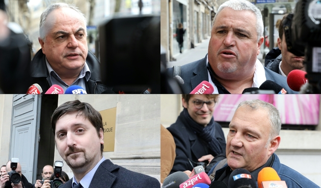 Un combo des leaders syndicaux Roger Dillenseger de l'Unsa (haut droite), Didier Aubert de la CFDT (H/G), Laurent Brun de la CGT (Bas gauche) et Eric Santinelli (B/D), lors de leur arrivée au ministère des transports à Paris, le 5 avril 2018