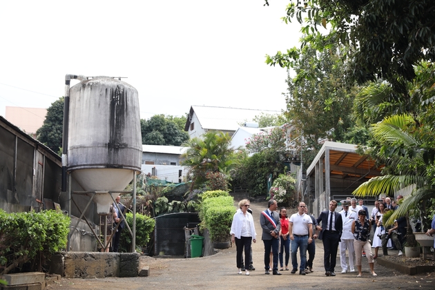 Le président Emmanuel Maron (c), la ministre du Travail Muriel Pénicaud (g) et la ministre des Outre-mer Annick Girardin visitent une ferme, le 25 octobre 2019 à Petite-Ile, à La Réunion 