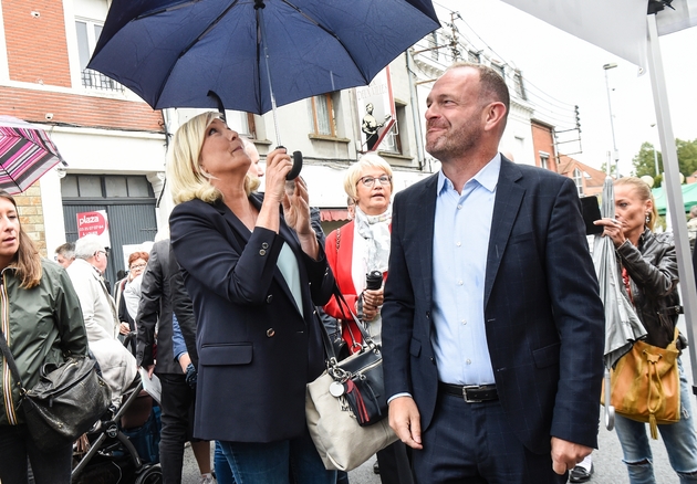 La présidente du Rassemblement national Marine Le Pen fait sa rentrée politique à Hénin-Beaumont (Pas-de-Calais) en compagnie du maire RN de la ville Steeve Briois, le 8 septembre 2019