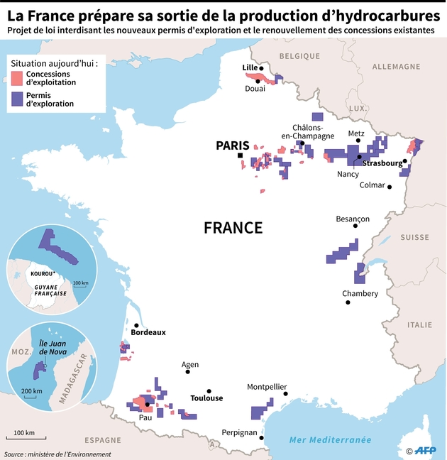 Permis d'exploration et concessions d'exploitation d'hydrocarbures en France, où le gouvernement souhaite sortir de cette production à l'horizon 2040