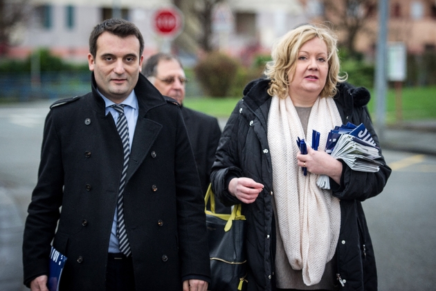 Florian Philippot (g) et Sophie Montel, le 1er décembre 2015 à Delle dans le Territoire de Belfort