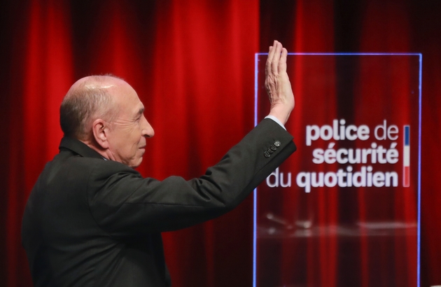 Gérard Collomb lors d'une conférence de presse sur la police de sécurite du quotidien (PSQ), à l'Ecole militaire à Paris, le 8 février 2018