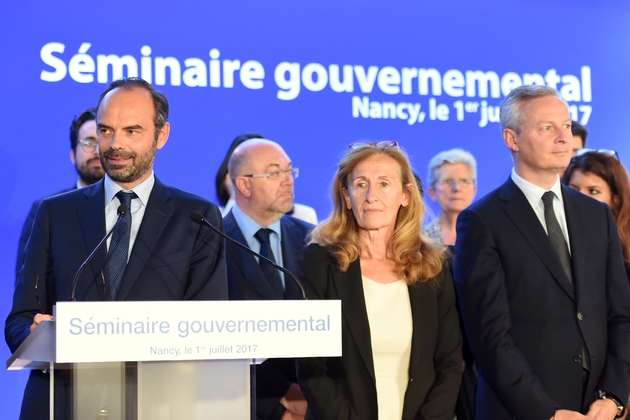 Edouard Philippe, la ministre de la Justice Nicole Belloubet et celui de l'économie Bruno Le Maire à Nancy le 1er juillet 2017