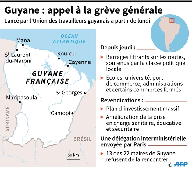 Fiche sur le mouvement social qui touche la Guyane, où un appel à la grève générale a été lancé par les 37 syndicats réunis au sein de l'Union des travailleurs guyanais