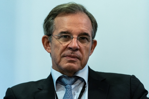 Thierry Mariani, French far-right Rassemblement National (RN) party member and Member of the European Parliament takes part in a press conference of the 