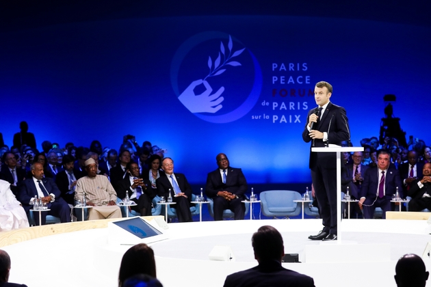 Le président Emmanuel Macron prononce un discours à l'ouverture du Forum de Paris sur la Paix, le 12 novembre 2019 à Paris