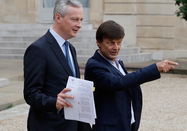 Le ministre de l'Economie Bruno Le Maire et Nicolas Hulot, alors ministre de la Transition énergétique, le 25 octobre 2017 à l'Elysée