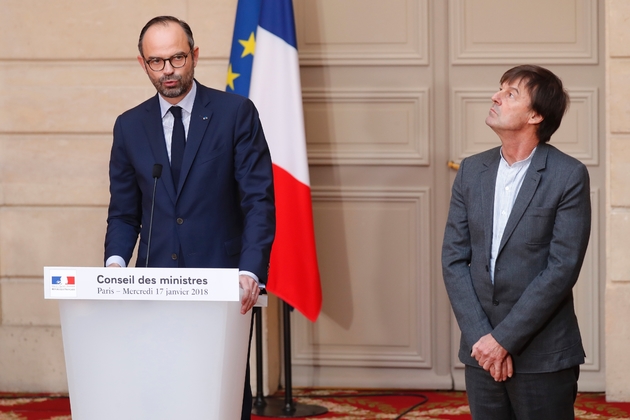 Le Premier ministre Edouard Philippe annonce l'abandon du projet d'aéroport de Notre-Dame-des-Landes, au côté du ministre de l'Ecologie Nicolas Hulot, le 17 janvier 2018 à l'Elysée