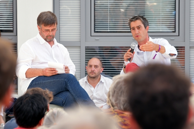 Le député LFI François Ruffin participe à un débat avec le député européen EELV Damien Carême aux journées d'été d'EELV le 23 août 2019 à Toulouse