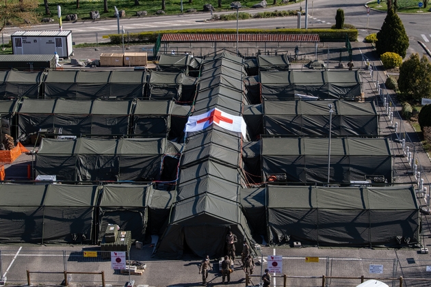 Vue de l'hôpital militaire de campagne installé à Mulhouse, le 22 mars 2020