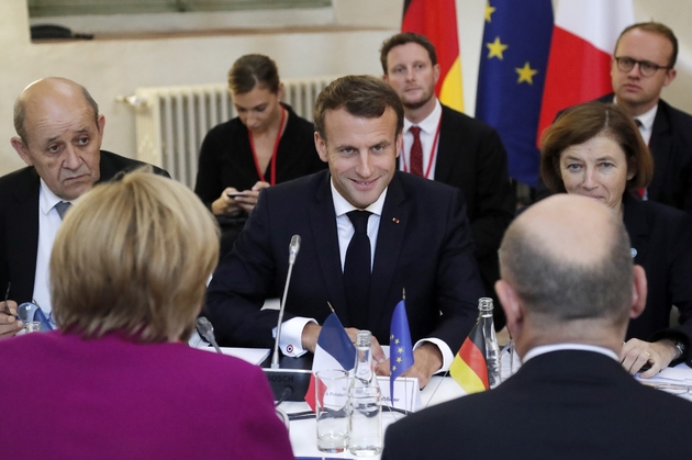 Emmanuel Macron, Jean-Yves le Drian et Florence Parly à la préfecture de Toulouse le 16 octobre 2019
