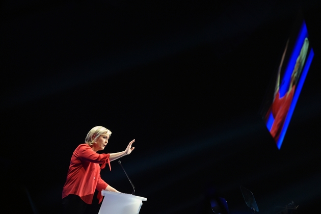 Marine Le Pen lors d'une réunion publique à Déols, près de Châteauroux, le 11 mars 2017 