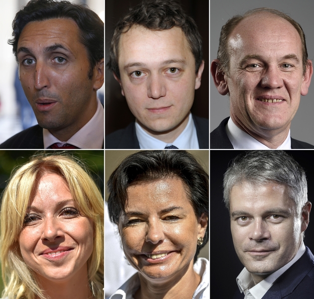 Montage photos des six candidats à la présidence des Républicains (de haut en bas): Julien Aubert, Maël de Calan, Daniel Fasquelle, Florence Portelli, Laurence Sailliet et Laurent Wauquiez