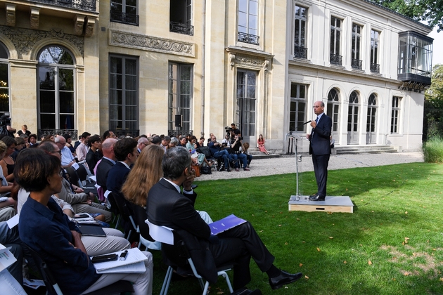 Le ministre de l'Education, Jean-Michel Blanquer lors d'une conférence de presse sur la rentrée scolaire, le 27 août 2019 à Paris