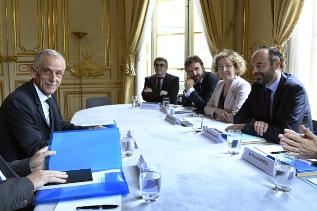 Le président de la CFTC, Philippe Louis, reçu à Matignon par le Premier ministre Edouard Philippe et la ministre du Travail Muriel Pénicaud sur la réforme du Code du travail, le 25 juillet 2017 à Paris