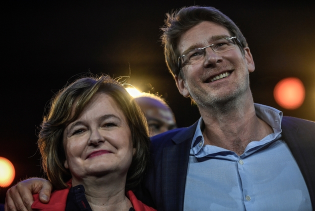 Nathalie Loiseau et l'écologiste Pascal Canfin, à la tête de la liste La République En Marche (LREM), à Aubervilliers, le 30 mars 2019