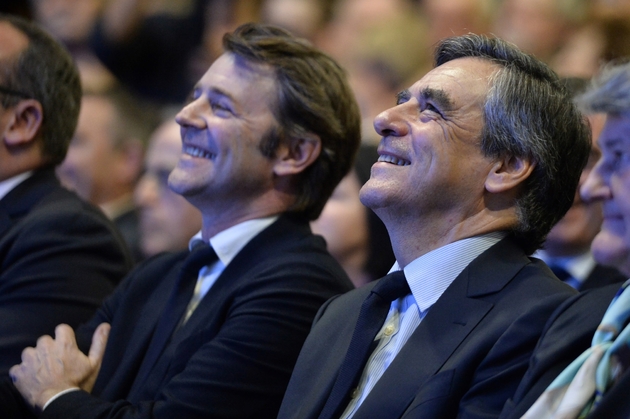 François Fillon et François Baroin lors d'un meeting électoral à Quimper le 30 mars 2017