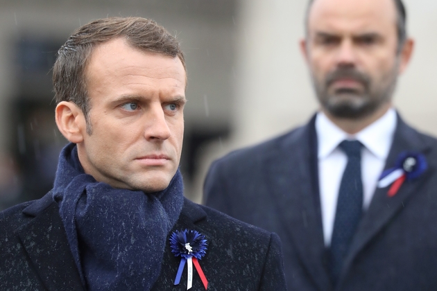 Emmanuel Macron et son Premier ministre Edouard Philippe, lors de la cérémonie à l'Arc de Triomphe, à Paris  le 11 novembre 2018