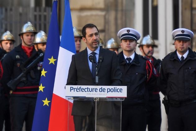 Le ministre de l'Intérieur Christophe Castaner prononce un discours lors de la cérémonie d'intronisation du nouveau préfet de police de Paris, le 21 mars 2019