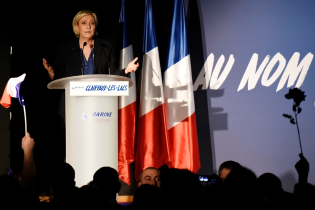 Marine Le Pen, candidate du Front national à la présidentielle, lors d'un meeting à Clairvaux-les-Lacs, le 17 février 2017
