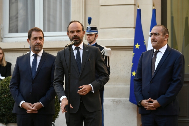 Edouard Philippe et Christophe Castaner, le nouveau ministre de l'Intérieur (g), le 16 octobre 2018 Place Beauvau