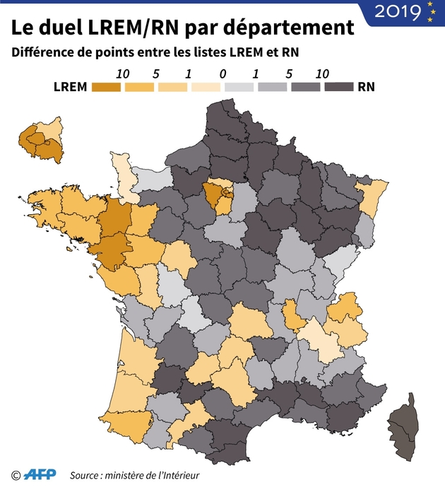 Le duel LREM/RN par département