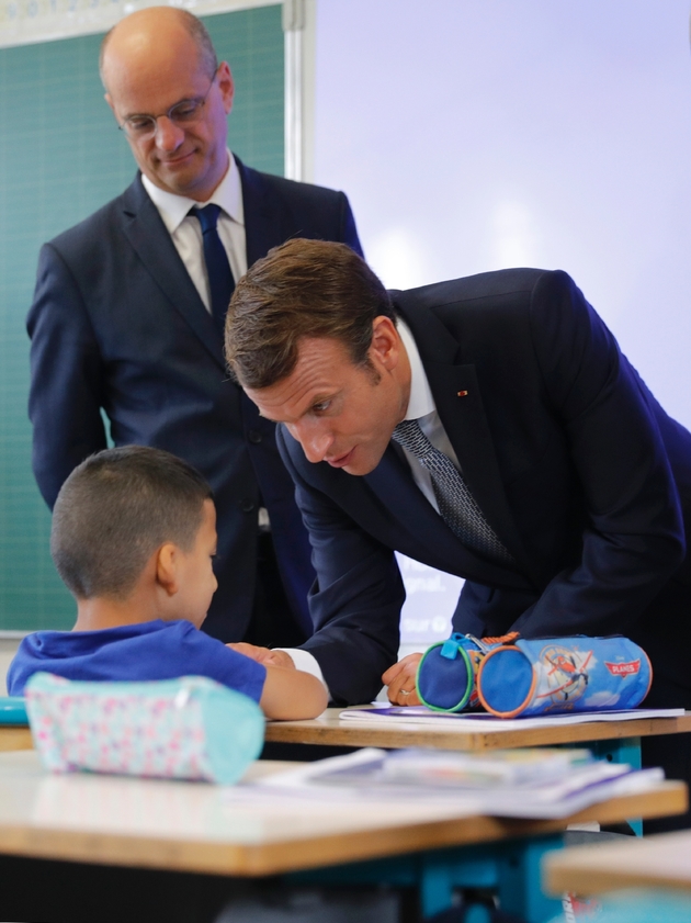 Le président Emmanuel Macron dans une classe de l'école Louis Houpert de Forbach (Moselle), le 4 septembre 2017