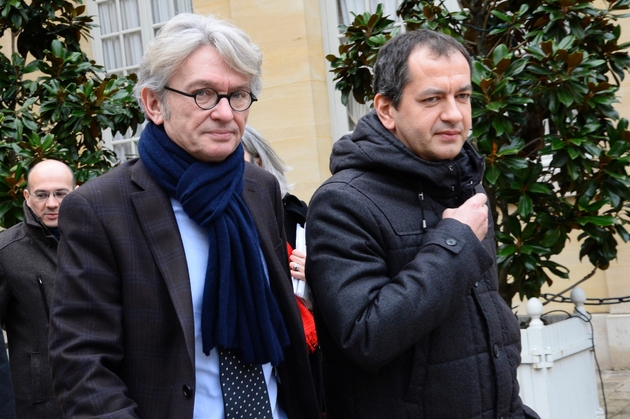 Le secrétaire général de FO, Jean-Claude Mailly (g) et Pascal Pavageau, le 27 janvier 2017 à l'Hôtel Matignon, à Paris