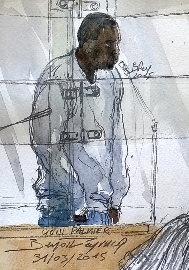Yoni Palmier sur un croquis d'audience le 31 mars 2015 au tribunal d'Evry
