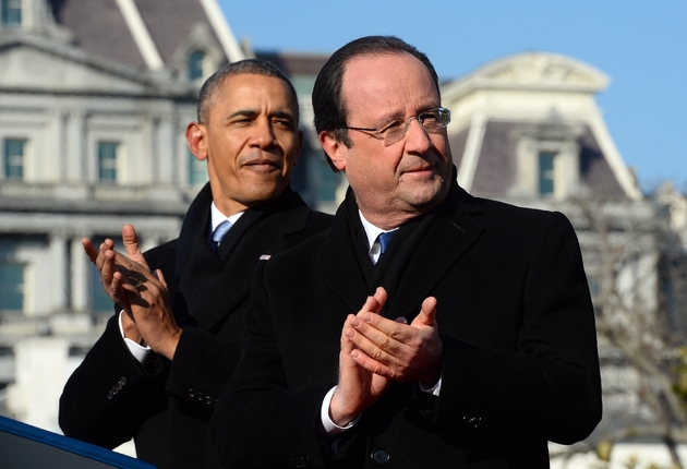 François Hollande aux côtés de Barack Obama lors d'une cérémonie à la Maison Blanche le 11 février 2014, au début de sa visite d'Etat