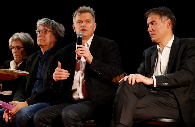 Eric Coquerel de La France Insoumise (à gauche), Fabien Roussel du PCF (centre) et Olivier Faure du PS (à droite), le 11 décembre 2019 à Saint-Denis, près de Paris, pour une réunion consacrée à la réforme des retraites