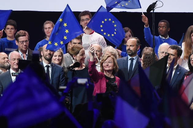 Nathalie Loiseau (c), tête de liste LREM pour les européennes, le 11 mai 2019 lors d'un meeting à Strasbourg