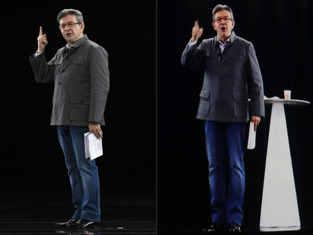Montage de photos créé le 5 février 2017 montrant Jean-Luc Mélenchon dans une réunion à Chassieu près de Lyon et son hologramme à La Plaine Saint Denis