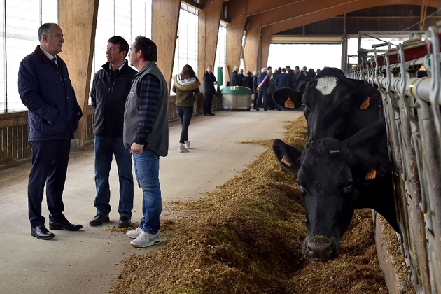 Le ministre français de l'Agriculture Didier Guillaume lors d'une visite d'une ferme d'élevage bovin, le 26 octobre 2018 à Montzeville, dans l'est de la France